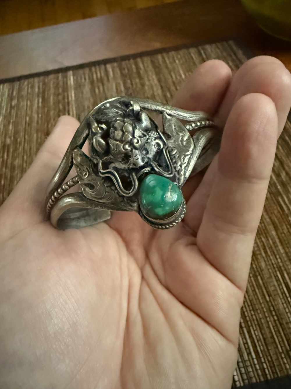 Tibetan Dragon Turquoise Cuff Bracelet Silver Metal Antique Vintage Artisan - Picture 3 of 12